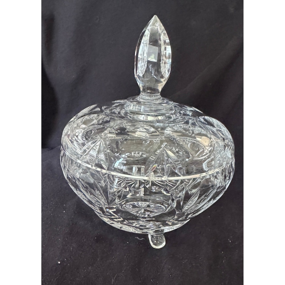 Vintage Cut Lead Crystal Lidded Candy Dish Footed Bowl with Finial Lid 8x6.25